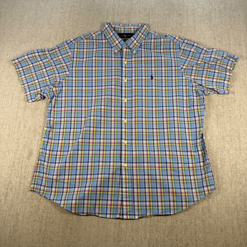 Ralph Lauren Button Down Shirt Mens XXL Blue Plaid Short Sleeve Cotton Pony